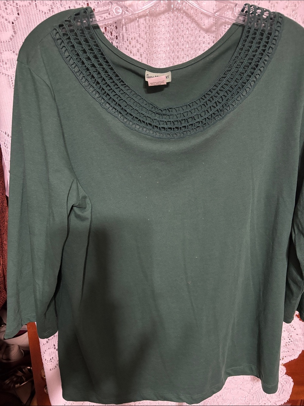 Sana Morgan Dark Green Crochet-Trim Long Sleeve Top size L